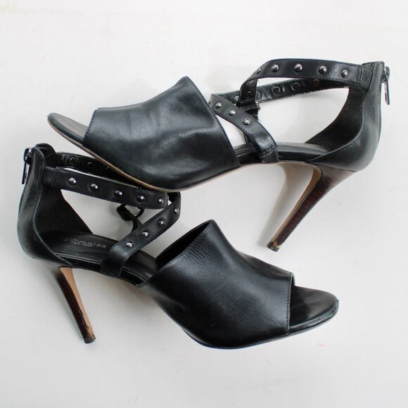 Coach Black Rhonda Open-Toe Leather Studded Straps Stacked Heels Pumps Size 9 - Picture 9 of 10